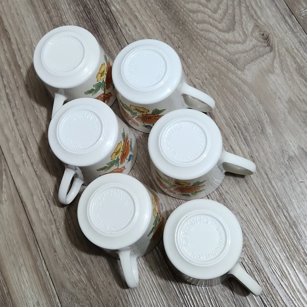 70's Corning Cornerstone Vintage Royal Garden 6 Piece Ceramic Mug Set Floral VTG